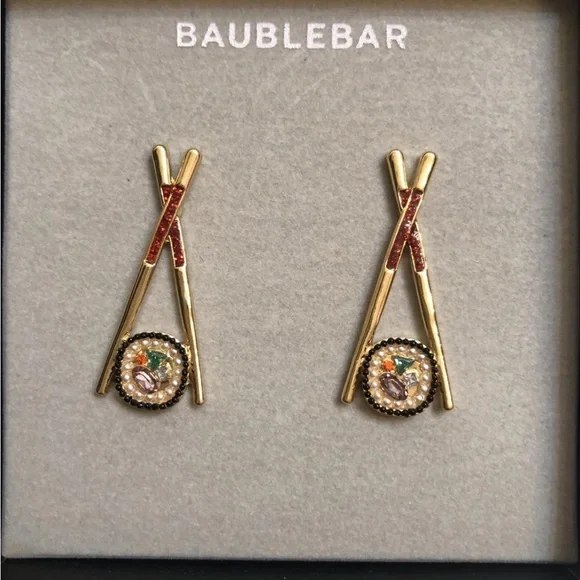 BaubleBar Gold Tone Chopsticks & Sushi Roll Drop Earrings Crystal Accents NIB - Picture 3 of 10